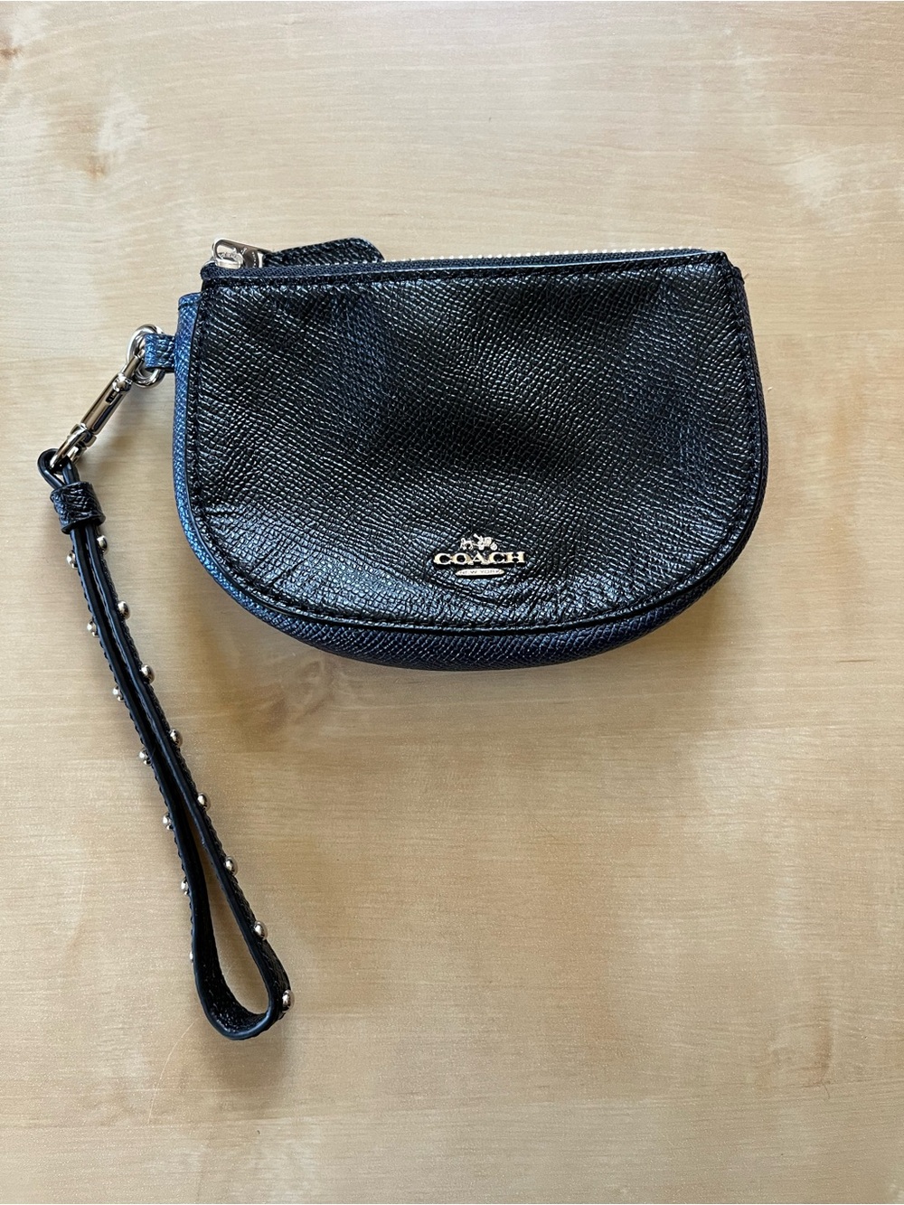 Coach Black Pebbled Leather Zip Wristlet with Studded Strap
